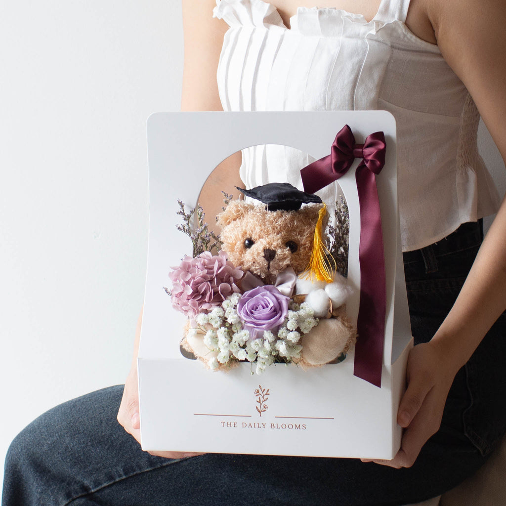 Graduation Bear Preserved Bloom Box in Purple – The Daily Blooms